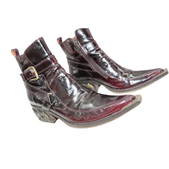 DONALD J. PLINER Italian Boots Western Black Cherry Patent Leather Ankle Boots 6 - Picture 4 of 11
